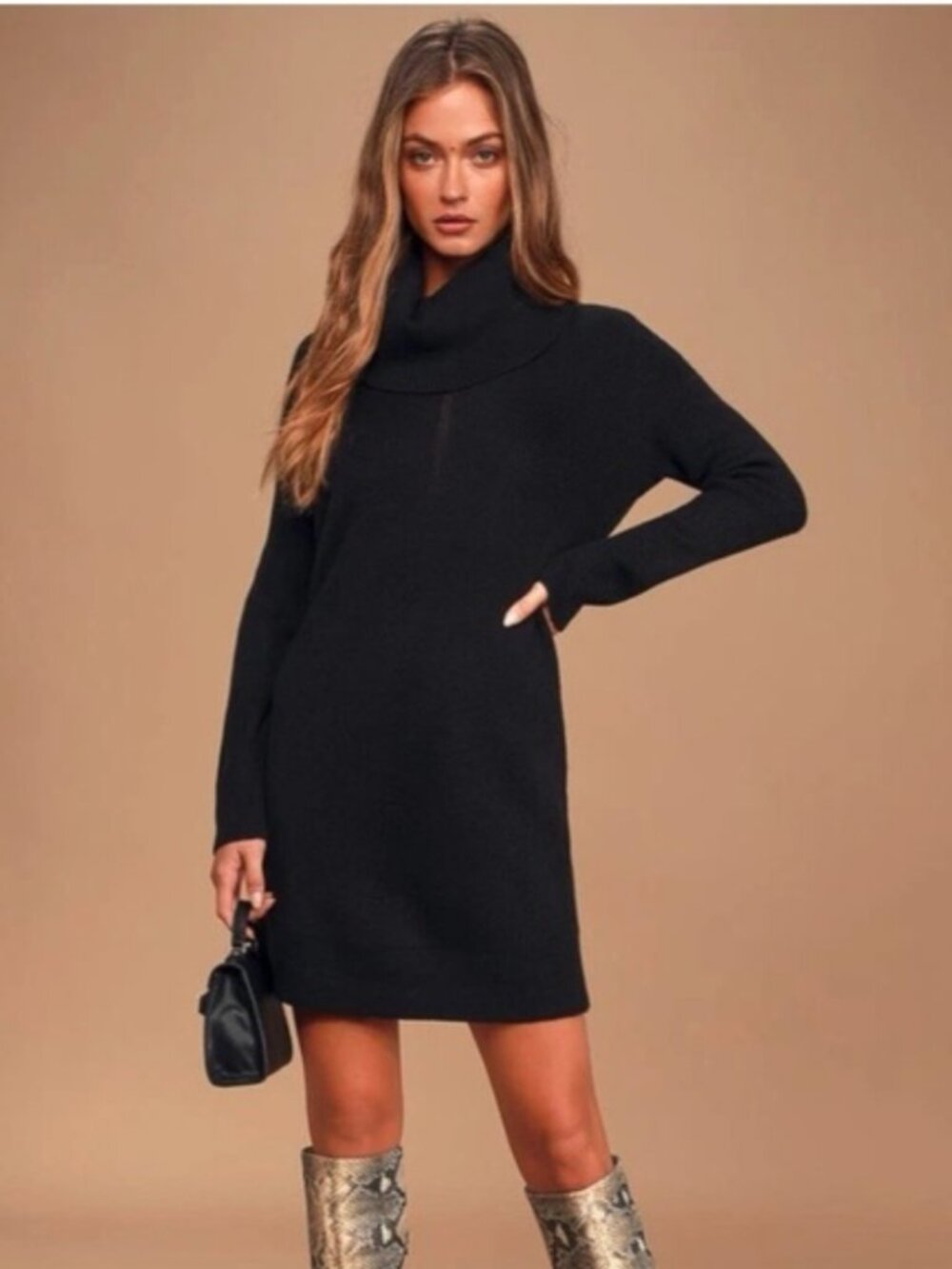 Lulus Black Sweater Dress Cowl Neck Knit Mini Dress Size Small